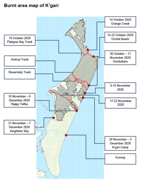 The burnt area map from the K'gari Fraser Island Bushfire Review report.