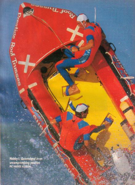 Michael Fletcher at the helm of a Nobbys IRB in high-flying competition, 1980s.