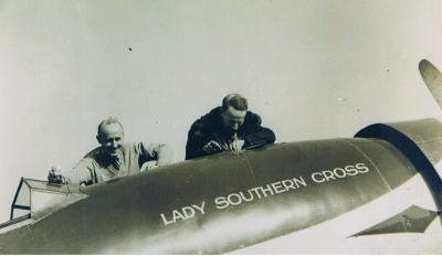 Charles Kingsford Smith at Archerfield Airport before setting off in Lady Southern Cross with navigator and co-pilot, PG Taylor (left).